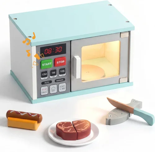 WOODENFUN Microondas de juguete de madera para niños, juego de cocina con luz y sonido, accesorios de cocina de juego de simulación, juguete de