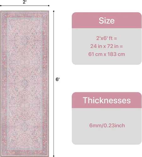 Miniatura 2 de Bavni Alfombra Pasillo 2x6 para Pasillo Cocina Antideslizante Lavable Rosa Pasillo para Baño Cuarto de Lavado Entrada Dormitorio Suave Boho Alfombra