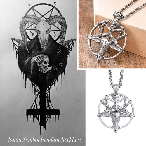 Miniatura 4 de Collar de pentagrama invertido de Satanás Colgante de calavera de cabeza de cabra baphomet de acero inoxidable, joyería satánica de cabra