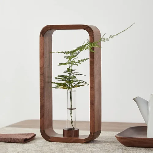 Miniatura 7 de Transprent - Jarrón de vidrio de tubo de ensayo, jarrón hidrófilo para plantas, marco de madera de nogal, soporte de flores, mesa de jardín