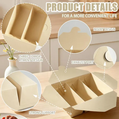 Miniatura 4 de Paquete de 30 recipientes de comida para llevar, 3 compartimentos de 7.5 x 5.4 x 2.6 pulgadas, cajas de papel de pulpa de bambú para llevar