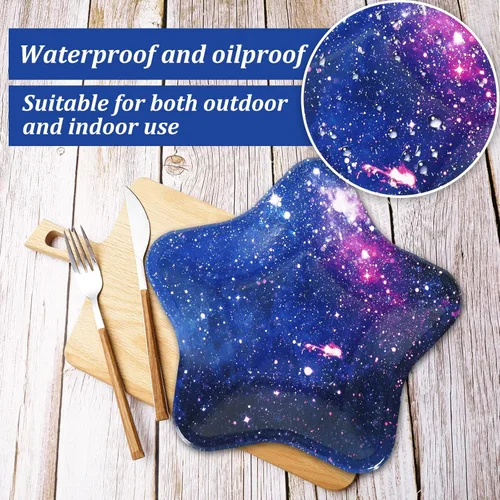 Miniatura 3 de Whaline 40 platos de papel de estrella, platos desechables de galaxia espacial, coloridos platos decorativos de postre para vacaciones, cumpleaños