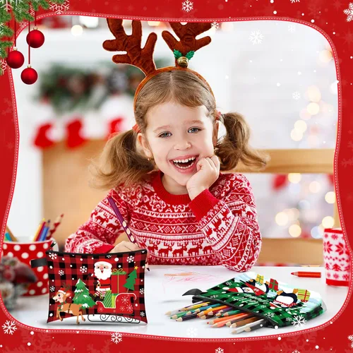 Miniatura 5 de Zonon Juego de 6 bolsas de maquillaje de lona de Navidad, pequeñas bolsas de cosméticos con cremallera portátil, bonita bolsa de estilo cuadros