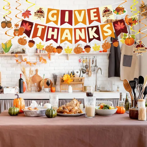 Miniatura 5 de 42 piezas de decoraciones de Acción de Gracias Pancarta de agradecimiento premontada en espirales colgantes Decoración de otoño para interiores
