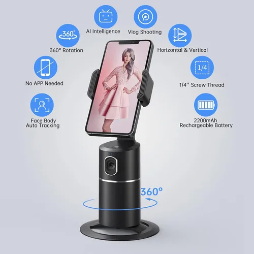 Miniatura 2 de camrola Soporte de teléfono de seguimiento facial automático, no requiere aplicación, rotación de 360°, trípode de seguimiento de teléfono facial