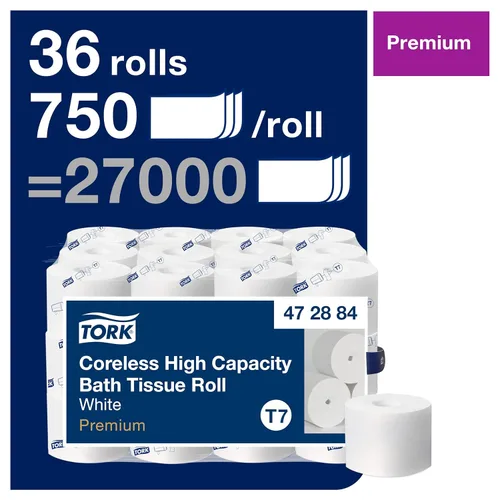 Miniatura 2 de Tork Rollo de papel higiénico de alta capacidad sin núcleo, color blanco, T7, Premium, 2 capas, 36 x 750 hojas, 472884