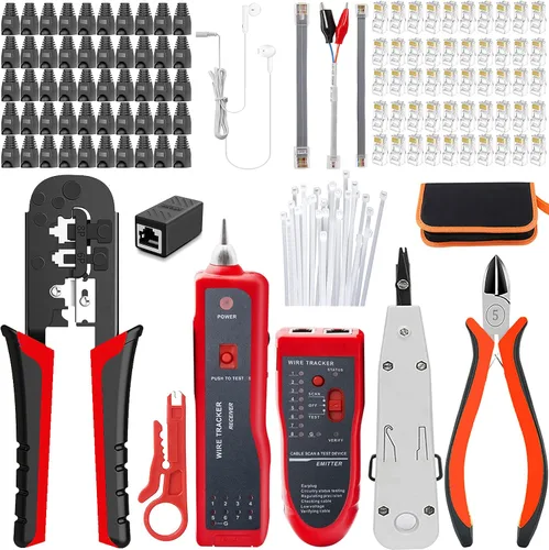 Miniatura 7 de LEATBUY Juego de crimpadoras CAT5 CAT6 RJ45, herramienta de crimpado Cat5e, 50 conectores, 50 cubiertas, probador de cables LAN de red, pelacables