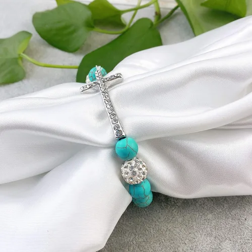 Miniatura 3 de Bocar Pulsera elástica de cuentas de cristal con cruz lateral chapada en metal