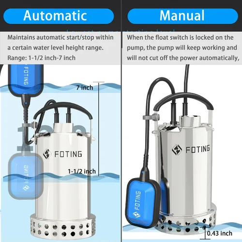 Miniatura 4 de FOTING Bomba de sumidero de acero inoxidable 304 completa con interruptor de flotador, bomba de agua sumergible automática de 1 HP 4600 GPH