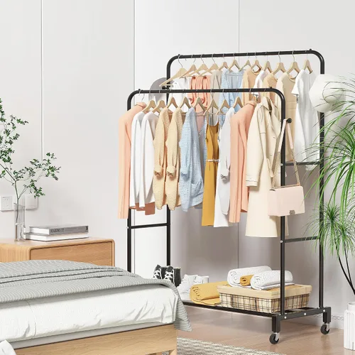 Miniatura 7 de Sooyee Perchero de doble barra con ruedas, perchero de 3 niveles para colgar ropa, perchero portátil con 4 ganchos para dormitorio, cuarto de Negro