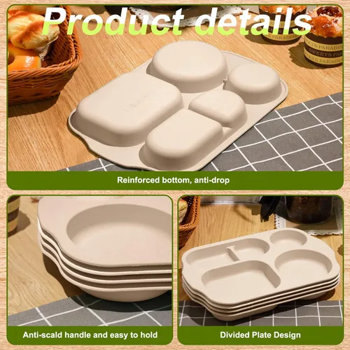 Miniatura 5 de Tanlade - 8 platos divididos irrompibles grandes de 12 pulgadas para adultos, bandeja de comida de paja de trigo de 5 compartimentos, bandeja