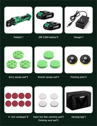 Miniatura 9 de KIMO Kit de Pulidora Inalámbrica para Coche 20V, Kit de Pulido de 25 Piezas, 6 Velocidades hasta 6000RPM / 2*Baterías de 2000mAh Pulidoras