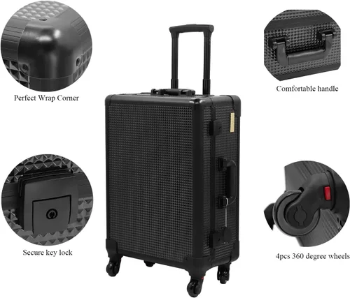 Miniatura 6 de Maletín de aluminio para maquillaje con luces LED, organizador profesional de cosméticos con altavoz, ruedas y soportes, estación de tocador