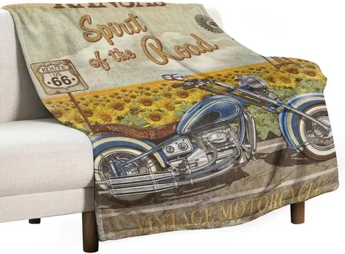 Miniatura 13 de Manta de motocicleta antigua, rústica y clásica, con temática de auto clásico, ruta de EE. UU., 66, patrón impreso, manta de franela súper suave
