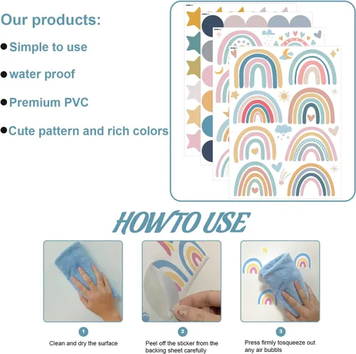 Miniatura 6 de Calcomanías de pared de arco iris para habitación de niños, 76 piezas extraíbles de despegar y pegar, calcomanías de pared boho de estrellas