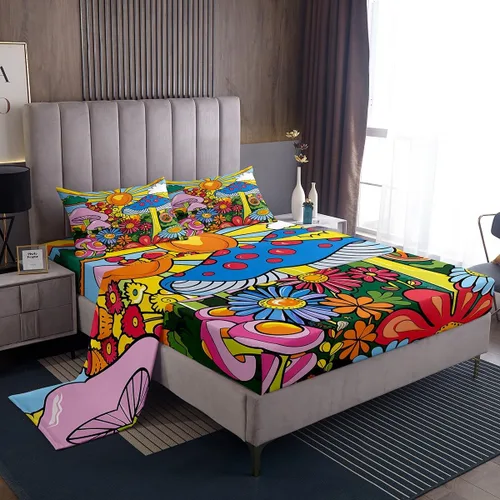 Miniatura 14 de Erosebridal Groovy Flower Sábanas de Cama Fiesta de los 70s Juegos de Sábanas Tamaño Individual Sábanas Florales Arcoíris Juegos de Sábanas y Fundas