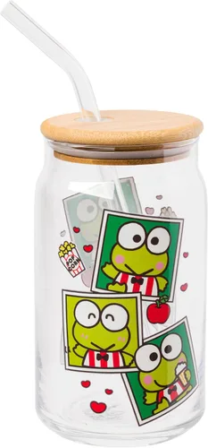 Miniatura 19 de Silver Buffalo Sanrio - Vaso de vidrio rosa con tapa de bambú y sorbete de vidrio de Hello Kitty, 16 onzas Hello Kitty Agitando