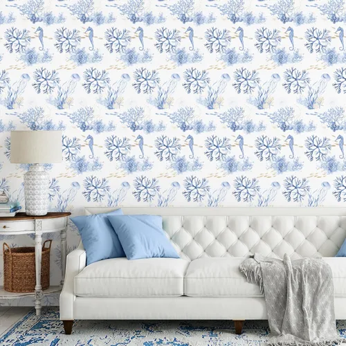 Miniatura 4 de RUSPEPA - Papel tapiz de despegar y pegar, tema de océano azul con diseño de arrecife de coral y vida marina, papel adhesivo impermeable