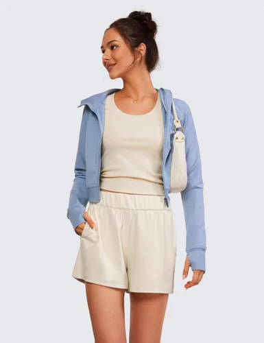 Miniatura 3 de CRZ YOGA Cómodos pantalones cortos acanalados para mujer, de cintura alta, lyocell para uso casual, para descansar, atlético, con bolsillos