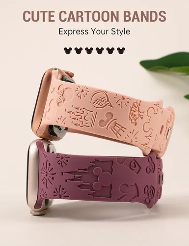 Miniatura 2 de 2 paquetes de correas grabadas con dibujos animados compatibles con Apple Watch de 38/40/41/42/44/45/46/49 mm, correa de silicona suave y linda