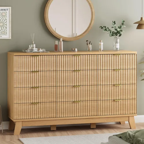 Miniatura 36 de Xixini - Cómoda moderna de madera acanalada para dormitorio, sala estar, pasillo o armario, para organizar y almacenar ropa o soporte de TV, 6 Roble