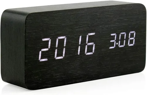 Miniatura 6 de OCT17 Reloj despertador digital de madera, reloj despertador LED multifunción de madera con fuente de alimentación USB, control de voz, Bambú