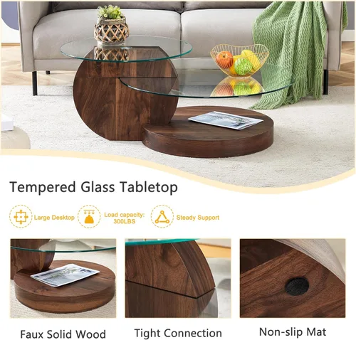 Miniatura 5 de Mesa de Café Redonda de Vidrio, Modernas Mesas de Café de Vidrio Templado para Sala de Estar, Mesa de Centro Circular de Nuez de 3 Niveles