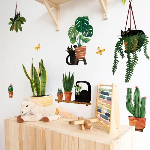 Miniatura 4 de Yovkky Calcomanías de pared de plantas en maceta de gatos negros, caricaturas, gatito, bonsái, guardería, sala de juegos, decoración de cactus