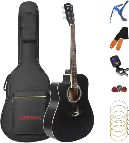 Guitarra para Zurdos, Guitarra Acústica para Zurdos de 104 cm con Corte, Tamaño Completo, para Principiantes, Incluye Estuche, Afinador, Correa,