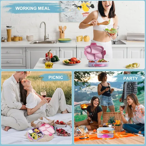 Miniatura 7 de Lonchera Bento para niños, con 4 compartimentos en forma de tostada, contenedor de 31 onzas con taza de salsa y utensilios (a partir de 3 años), a