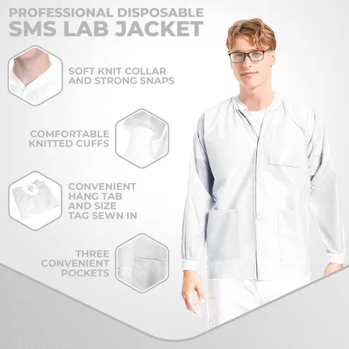 Miniatura 59 de Paquete de 10 chaquetas desechables de laboratorio, chaqueta médica reutilizable hasta la cadera, unisex, con puños de punto y bolsillos