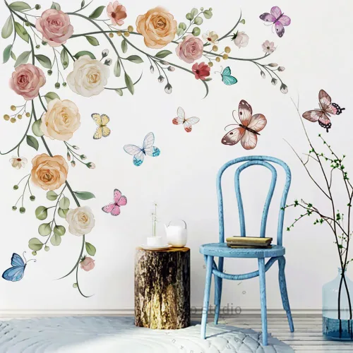 Miniatura 3 de Runtoo Pegatinas colgantes de flores y vides, diseño de peonía y mariposas florales para niñas, dormitorio, sala de estar, fondo de TV, decoración