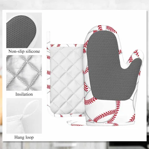 Miniatura 6 de Mxocom Juego de guantes de horno de béisbol y soportes para ollas, pelota de tenis, silicona resistente al calor, guantes para horno de cocina