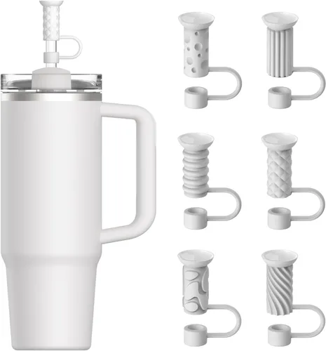 YOTIME Tapas de pajita de silicona, 6 piezas reutilizables de 0.39in/10mm con ventosa para tapas de pajita para vaso Stanley de 40 y 30 oz, blanco