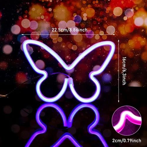 Miniatura 2 de Riakrum 2 piezas de letreros de neón de mariposa, luz LED de 3 pilas AAA, alimentado por USB, letrero de neón de pared, decoración de mariposas