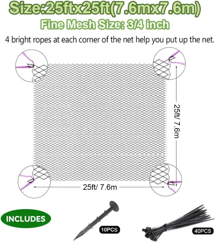 Miniatura 4 de OGORI - Red para pájaros de 25 x 25 pies, malla de nailon resistente de 1,9 cm para jardín, red de protección para árboles frutales, plantas