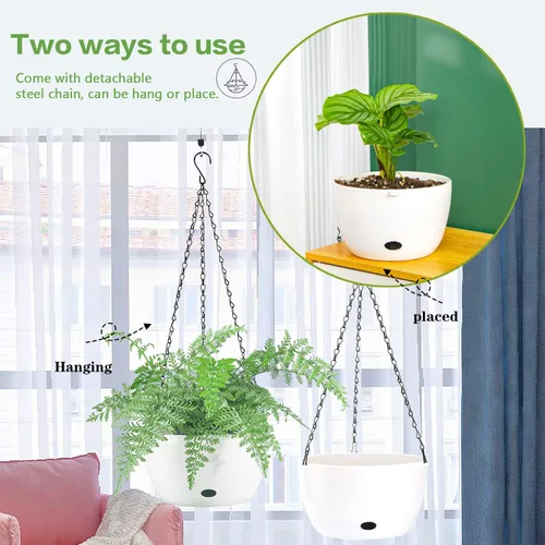 Miniatura 5 de Sungmor Maceta colgante de riego automático para plantas de interior, 9.4 y 11.2 pulgadas, paquete de 2 cestas colgantes grandes de plástico blanco