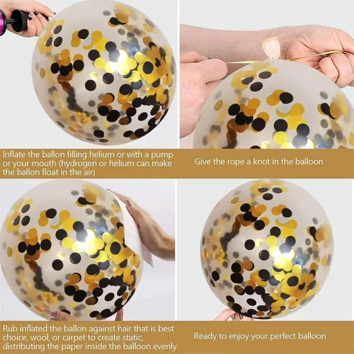 Miniatura 3 de Globos de látex de confeti negro y dorado, 50 piezas de 12 pulgadas, globos dorados metálicos y negros para decoraciones de fiesta de cumpleaños
