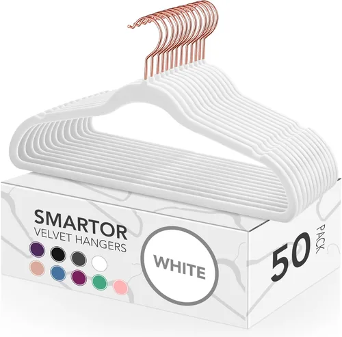 Smartor Perchas de terciopelo blanco, paquete de 50 perchas antideslizantes de fieltro resistentes para abrigos, gancho giratorio de 360°, perchas