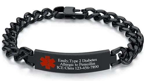 VNOX Pulsera de identificación de alerta médica con grabado gratuito para hombres y mujeres, etiqueta médica, cadena de eslabones de acero inoxidable