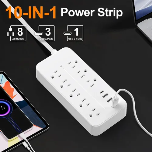 Miniatura 3 de Protección contra sobretensiones de 5 pies con cable plano de extensión, regleta de alimentación con enchufe plano listada por ETL, 8 tomas de CA, 4
