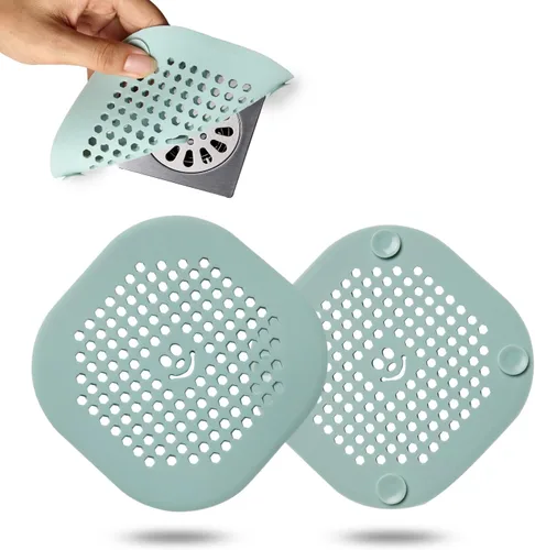 Protector de silicona tipo colador para drenaje de ducha, bañera, cocina, baño, recoge restos de cabello, paquete de 2, color verde azulado