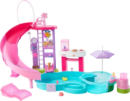 Miniatura 5 de Barbie Juego de piscina de ensueño con 6 áreas de juego, incluyendo tobogán y jacuzzi burbujeante, además de más de 20 accesorios como mascota