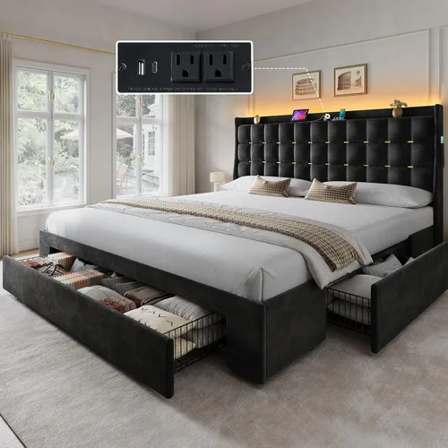 Miniatura 10 de YITAHOME Base de cama tamaño King con 4 cajones de almacenamiento y luces LED RGB, cama tapizada de terciopelo de 57 pulgadas de alto con estación