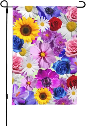 Bandera de jardín con patrón de flores de girasol amarillo, rojo y azul rosa, floral, margarita blanca, flor morada, poliéster de doble cara,