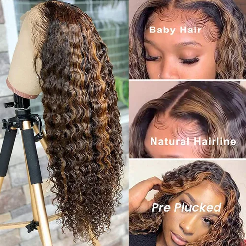 Miniatura 3 de Pelucas de cabello humano con reflejos sin pegamento Wear and Go, encaje frontal, estilo Bob, ondulado profundo #4/27, pelucas de color ombré