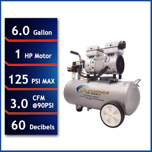 Miniatura 8 de California Air Tools 6010LFC - Compresor de aire industrial de 1.0 HP, Ultra silencioso y sin aceite, 6.0 galones