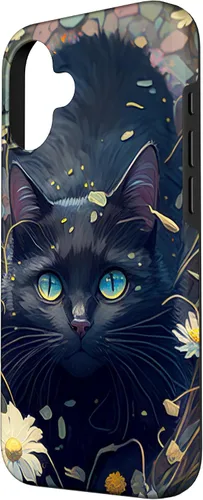 Miniatura 2 de iPhone 16 Cute Black Cat In Botanical Flower Garden Aesthetic Cat Case