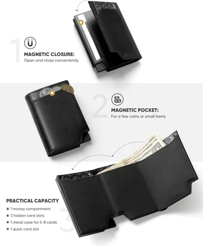 Miniatura 3 de VULKIT Billetera desplegable de metal para hombre, con bloqueo RFID inteligente, tarjetero de crédito, cierre magnético, billeteras triples de cuero