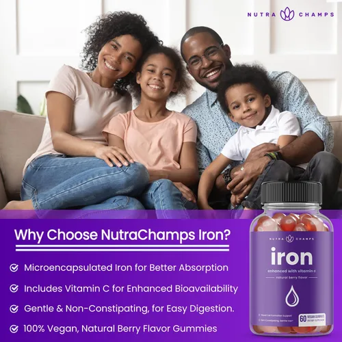 Miniatura 2 de NutraChamps Gomitas de hierro con vitamina C, 20 mg, apoyo a la formación de células sanguíneas, 60 gomitas veganas para deficiencia de hierro